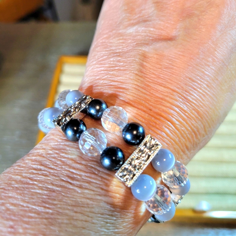 Handmade 2-Strand Grey & Gunmetal Beaded Bracelet 8.25" Long Costume Jewelry